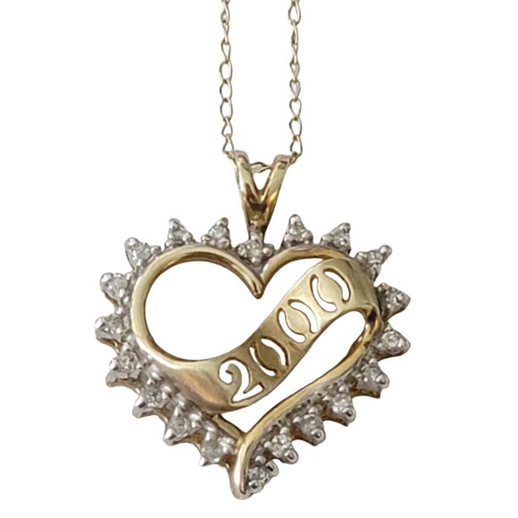 10K Yellow Gold Y2K 2000 Heart Diamond Pendant Chain Necklace 16.5" Long, E859 - Picture 5 of 10